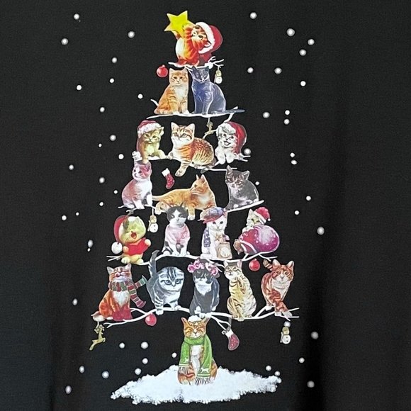 NoraCora Christmas Tree of Cats Print Top Size S Black Long Sleeve Crew Tee - Picture 2 of 7